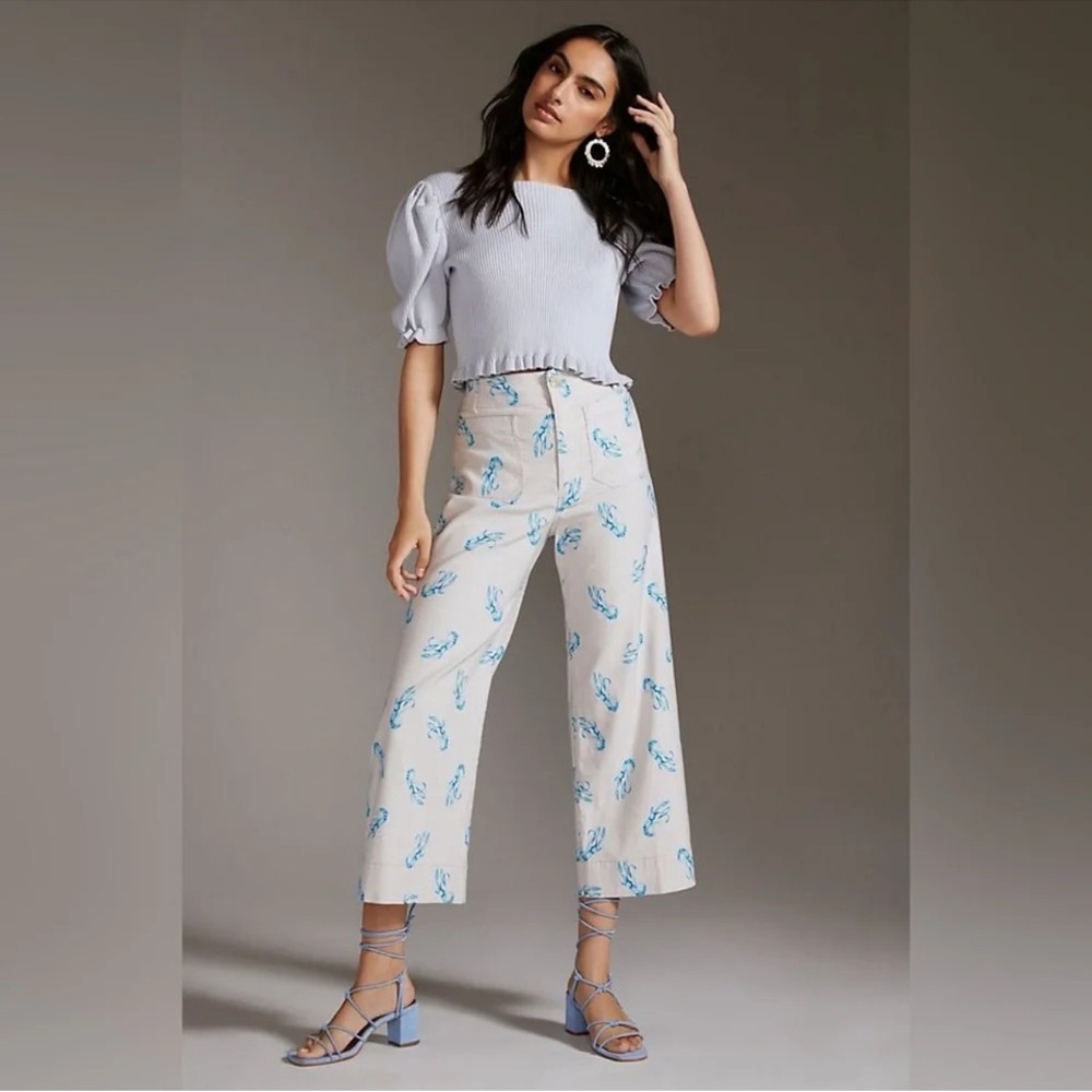 MAEVE by ANTHROPOLOGIE The Colette Lobster Print Cropped Wide Leg Pants in Ivory